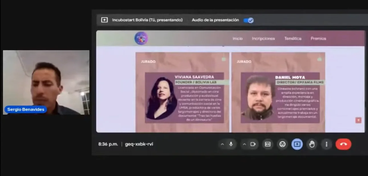 Sergio Benavides presenting the INCUBOSTART competition jury members Viviana Saavedra and Daniel Moya